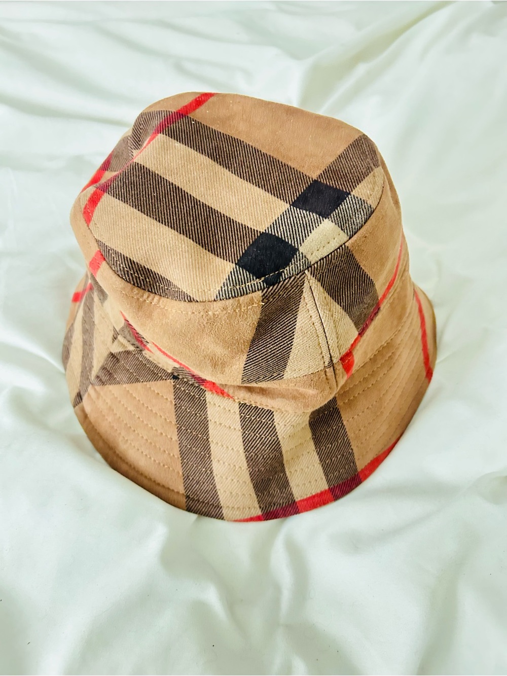 Neutral Plaid Bucket Hat in Tan, Black & Red